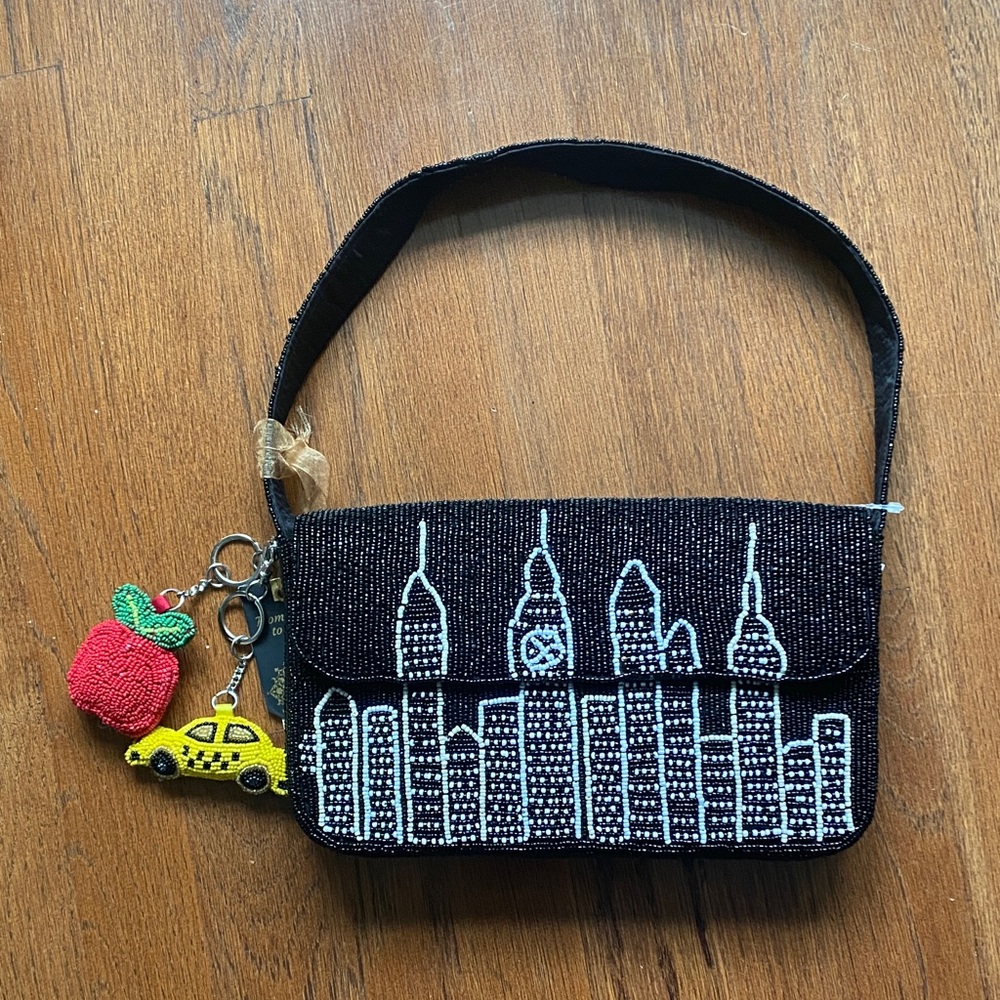 NYC Black Beaded Cityscape Handbag